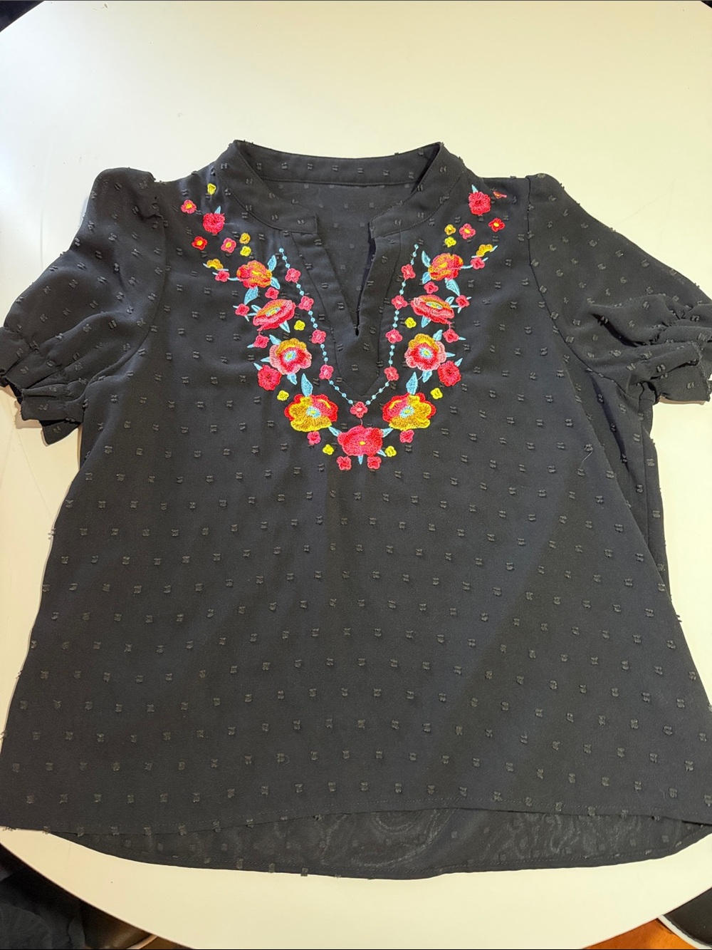 SHEIN Black Short-Sleeve Blouse with Bright Floral Embroidery
